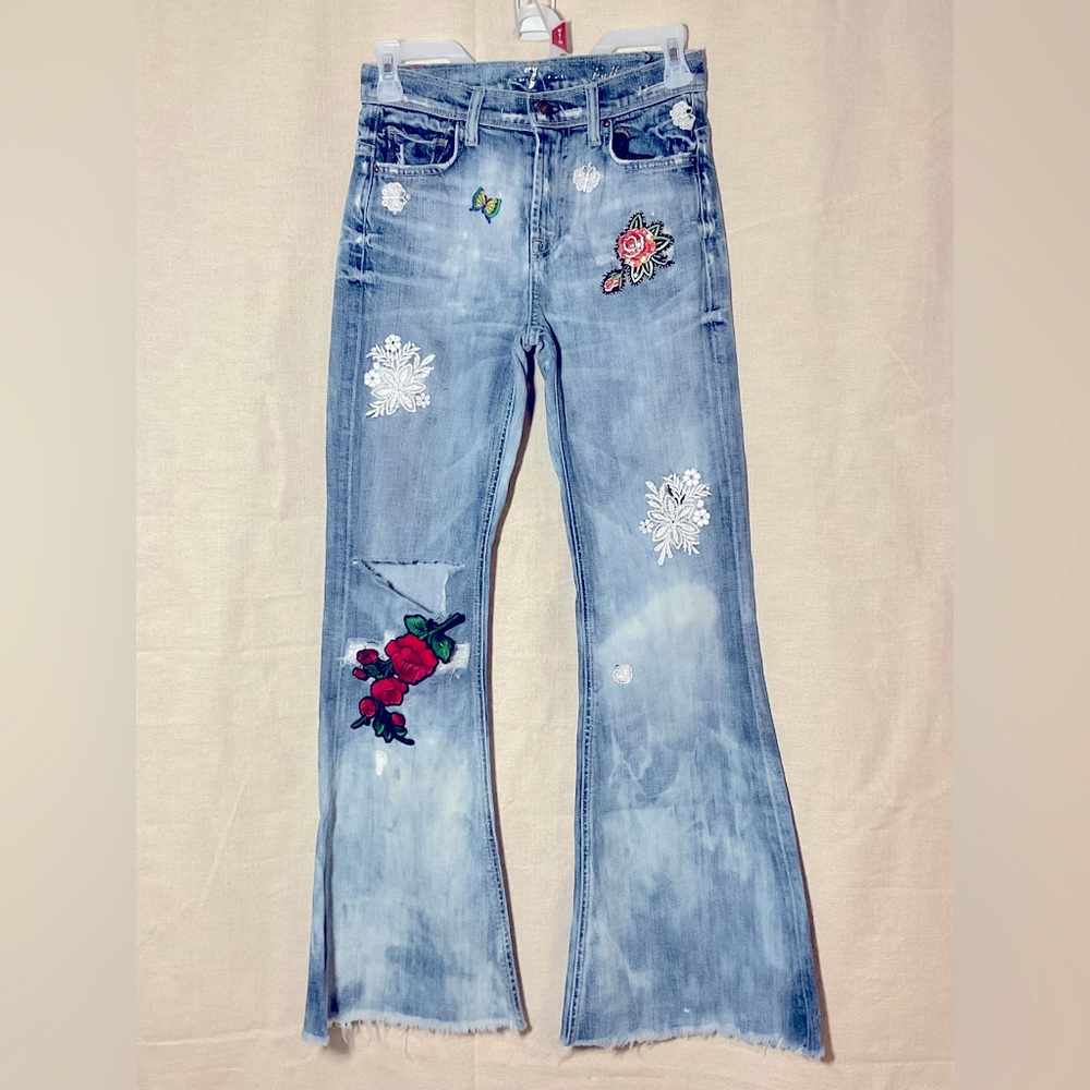 7 For All Mankind,Women Patchwork Distress Jean,Flared Wide Leg, Raw Hem…